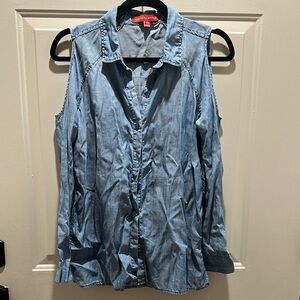 New York & Company Blue Button Down Shirt Notched Collar